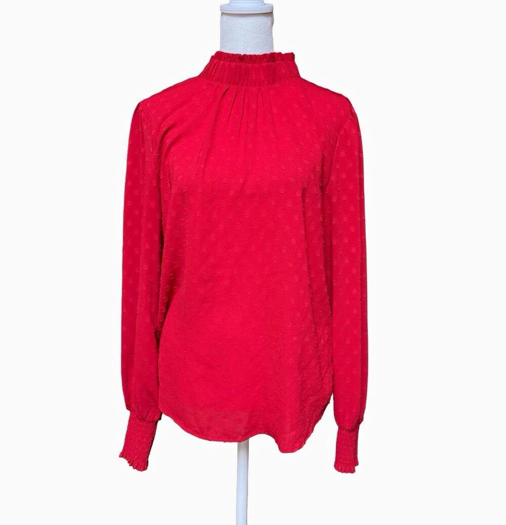 LOFT Red Solid Mock Neck Smocked Tie Back Woven Polyester Blouse Size S